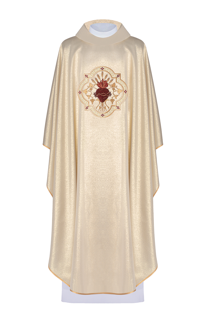 Golden chasuble embroidered with motif of the Sacred Heart of Jesus and Chalice